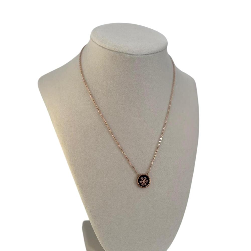 Rose Gold Snowflake Pendant Necklace Black Enamel Minimalist Women Jewelry - Picture 3 of 7